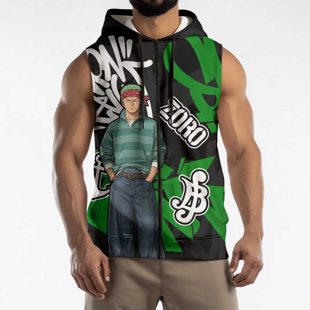 Roronoa Zoro One Piece Sleeveless Zip Hoodie Graffiti Street Art Anime Collage