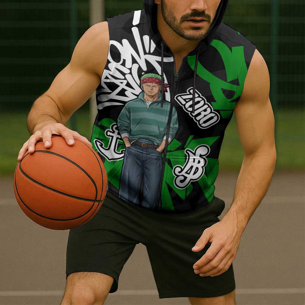 Roronoa Zoro One Piece Sleeveless Zip Hoodie Graffiti Street Art Anime Collage