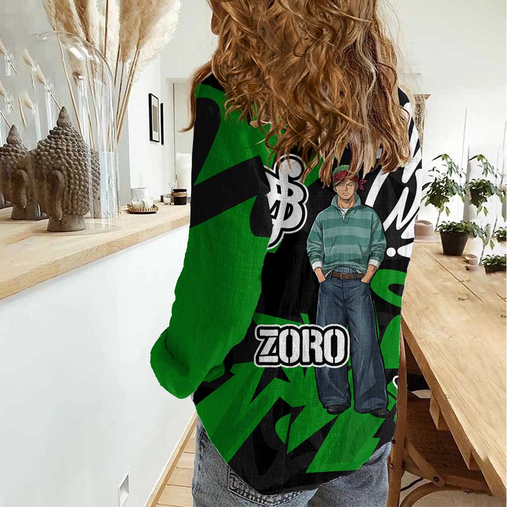 Roronoa Zoro One Piece Women Casual Shirt Graffiti Street Art Anime Collage