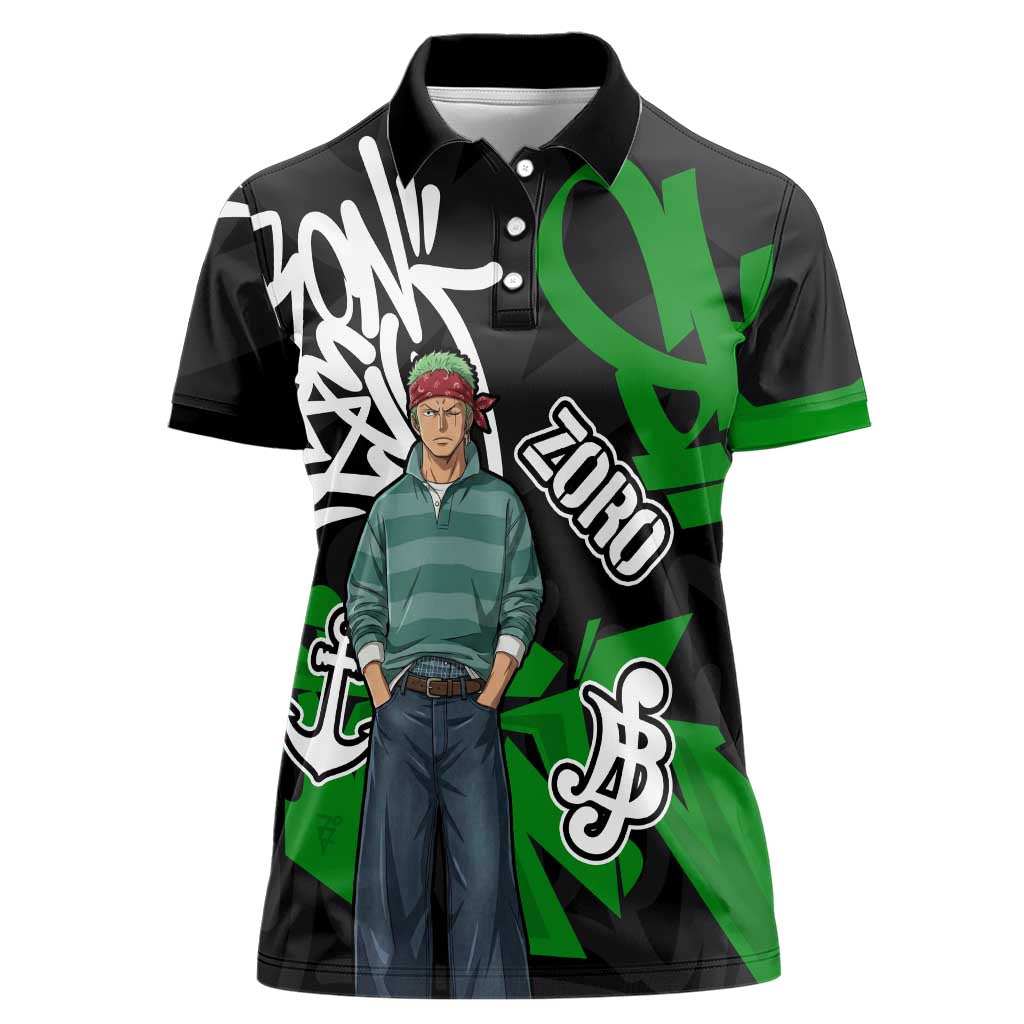 Roronoa Zoro One Piece Women Polo Shirt Graffiti Street Art Anime Collage