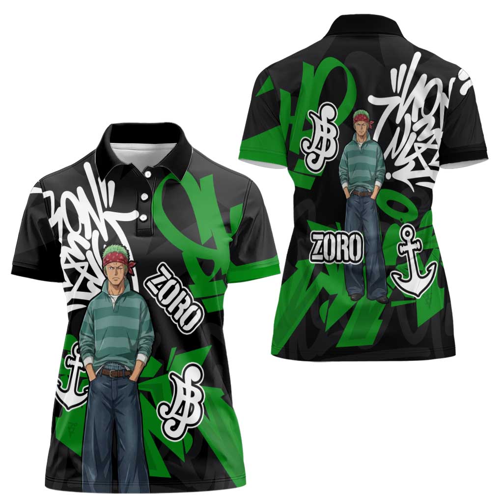 Roronoa Zoro One Piece Women Polo Shirt Graffiti Street Art Anime Collage