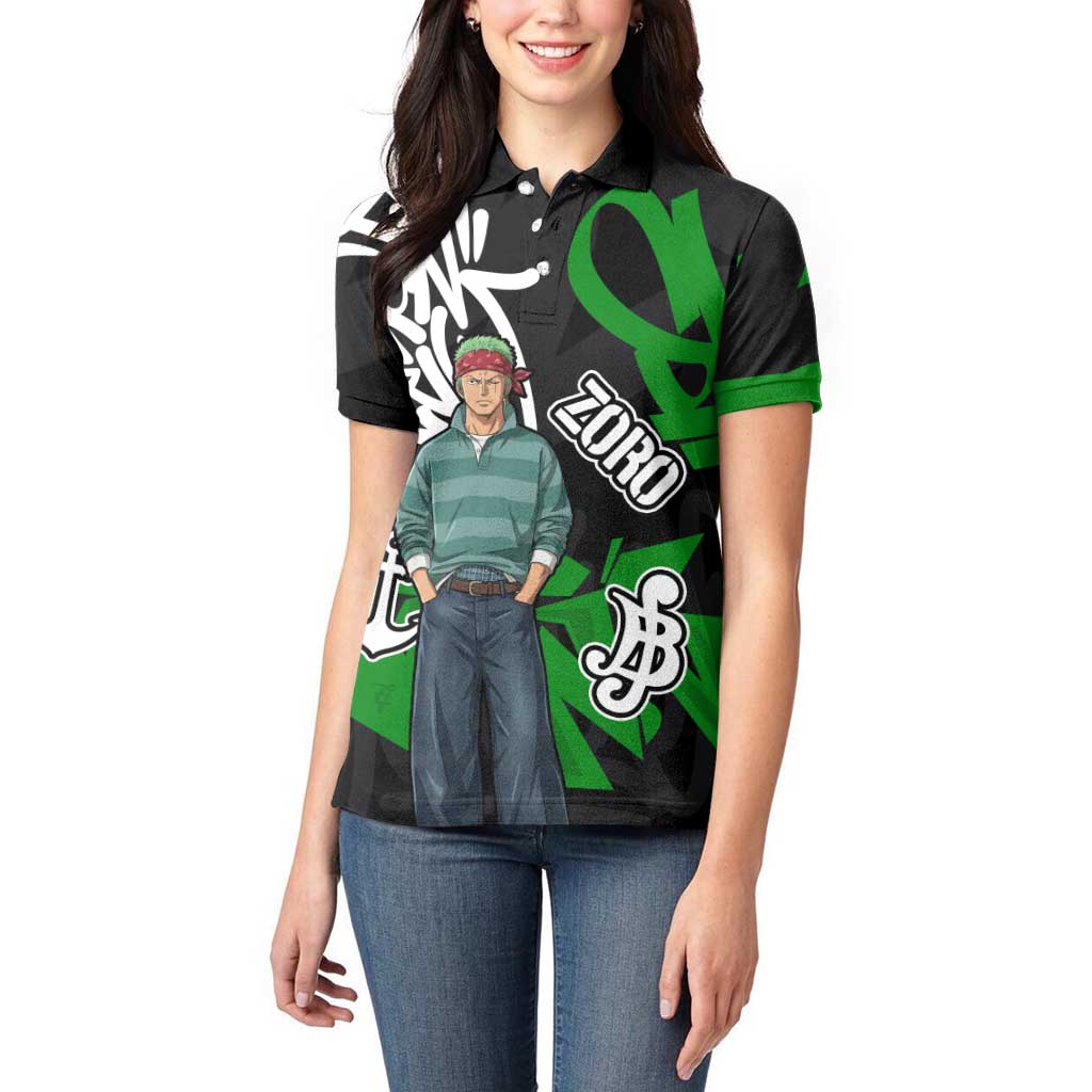 Roronoa Zoro One Piece Women Polo Shirt Graffiti Street Art Anime Collage