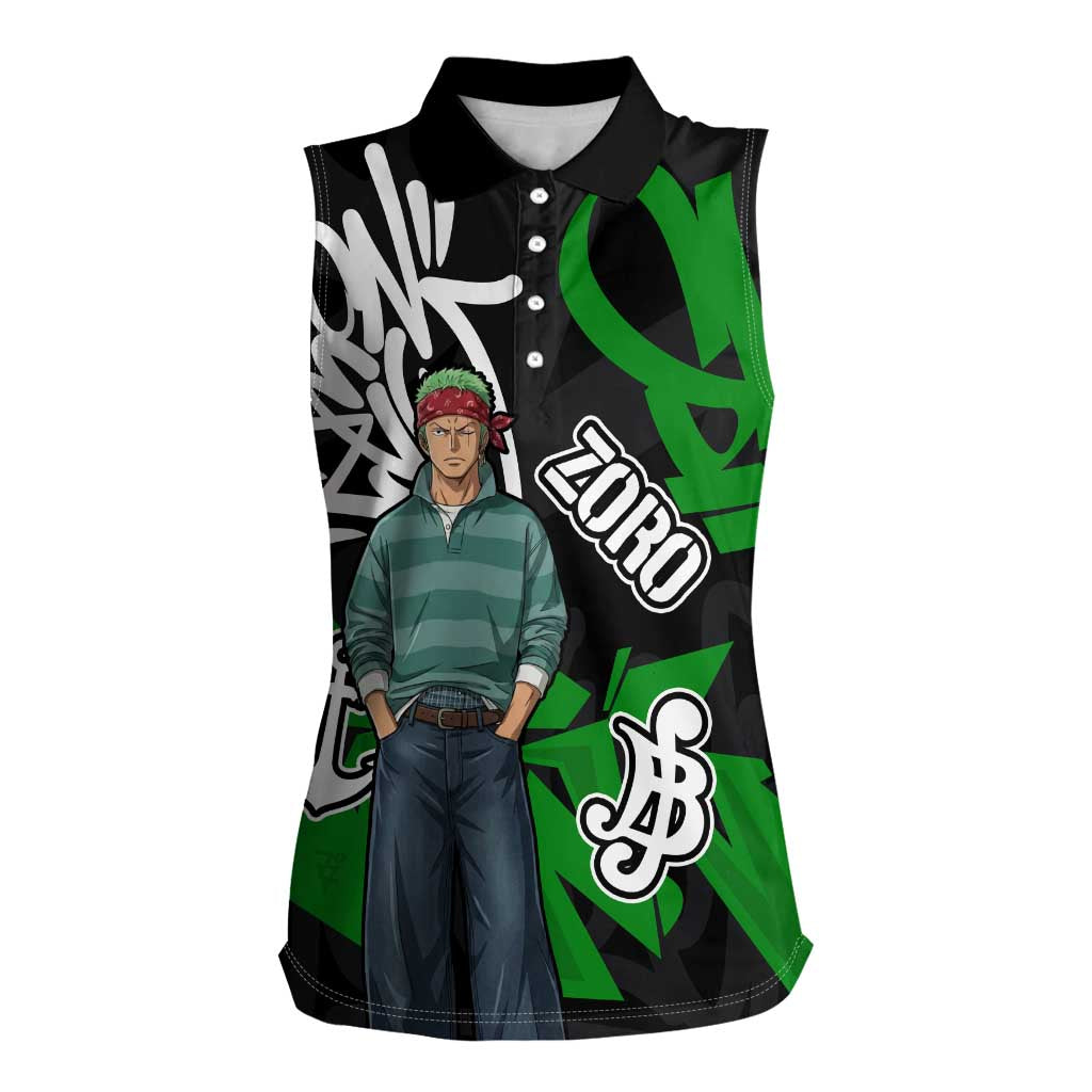 Roronoa Zoro One Piece Women Sleeveless Polo Shirt Graffiti Street Art Anime Collage