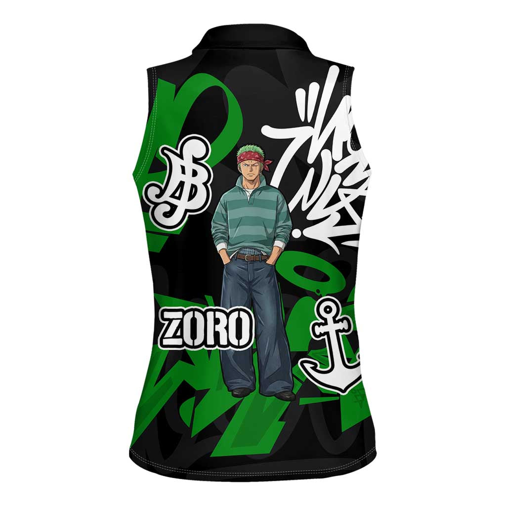 Roronoa Zoro One Piece Women Sleeveless Polo Shirt Graffiti Street Art Anime Collage