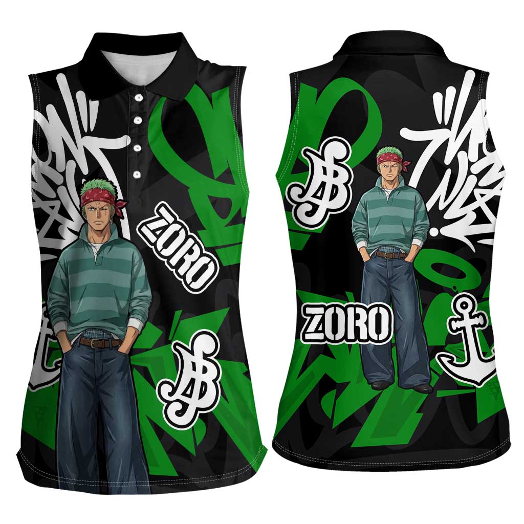 Roronoa Zoro One Piece Women Sleeveless Polo Shirt Graffiti Street Art Anime Collage