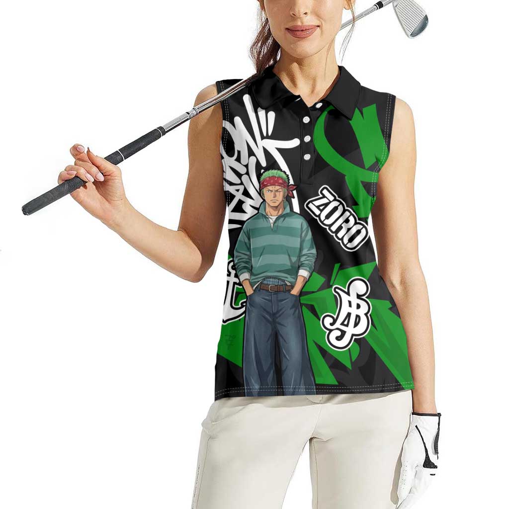 Roronoa Zoro One Piece Women Sleeveless Polo Shirt Graffiti Street Art Anime Collage