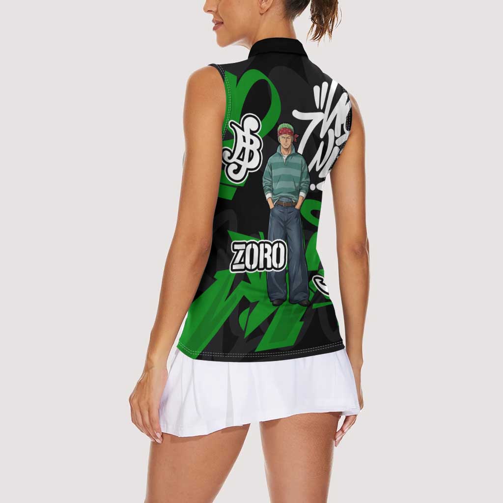 Roronoa Zoro One Piece Women Sleeveless Polo Shirt Graffiti Street Art Anime Collage