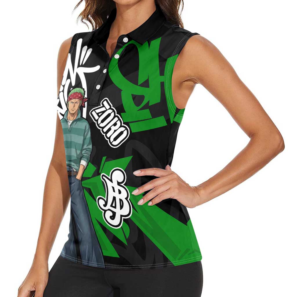 Roronoa Zoro One Piece Women Sleeveless Polo Shirt Graffiti Street Art Anime Collage