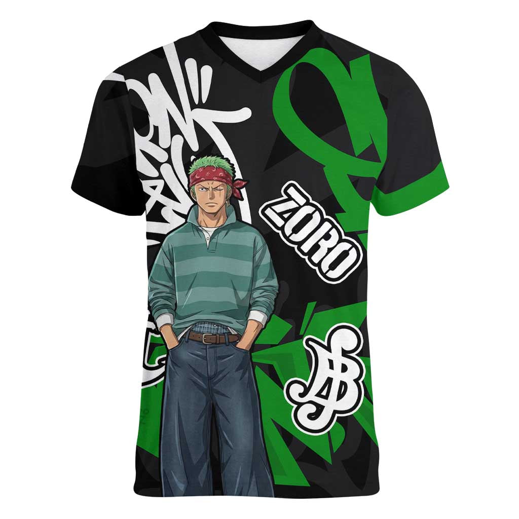 Roronoa Zoro One Piece Women V-Neck T-Shirt Graffiti Street Art Anime Collage