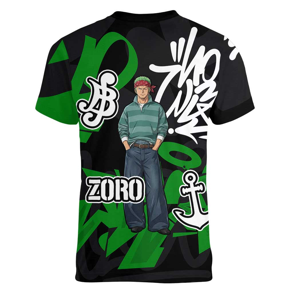 Roronoa Zoro One Piece Women V-Neck T-Shirt Graffiti Street Art Anime Collage