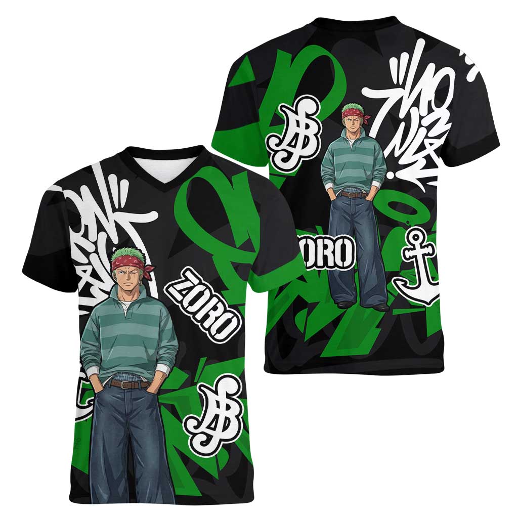 Roronoa Zoro One Piece Women V-Neck T-Shirt Graffiti Street Art Anime Collage