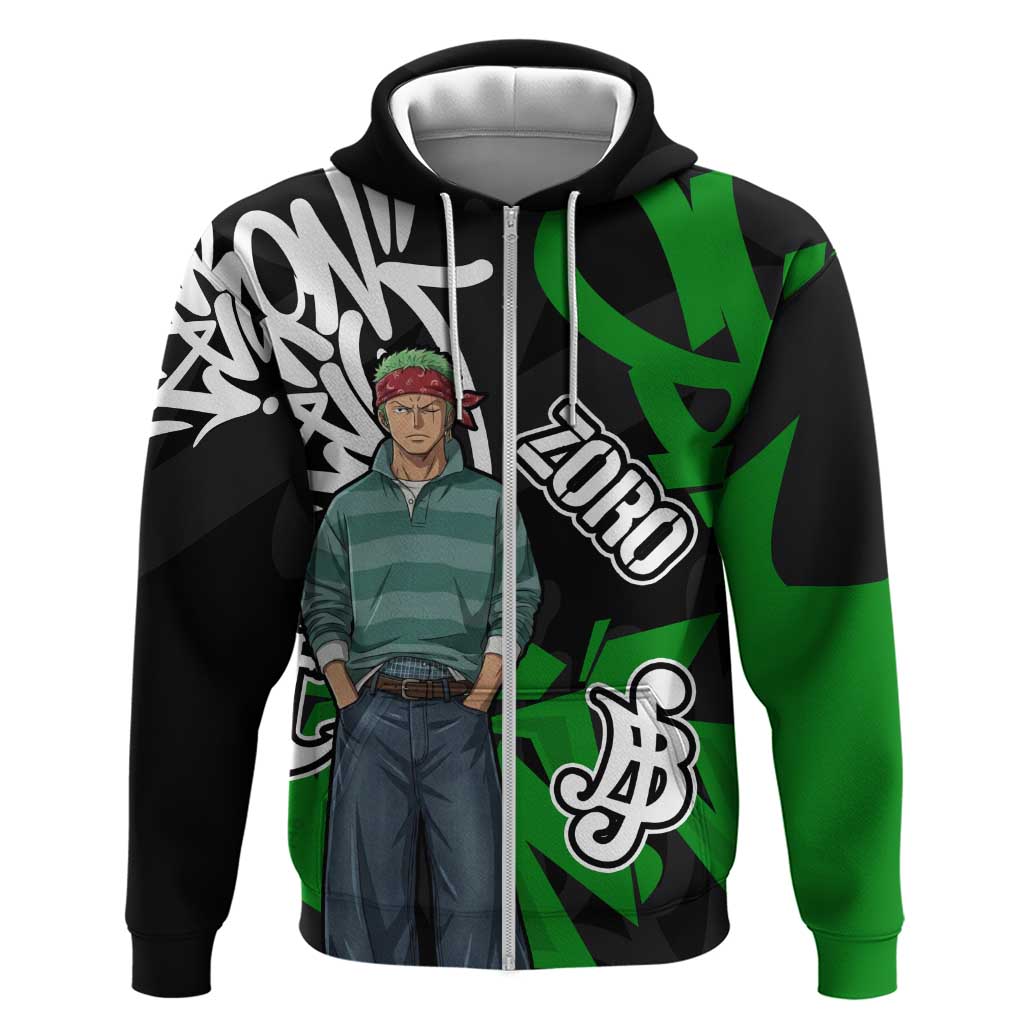 Roronoa Zoro One Piece Zip Hoodie Graffiti Street Art Anime Collage
