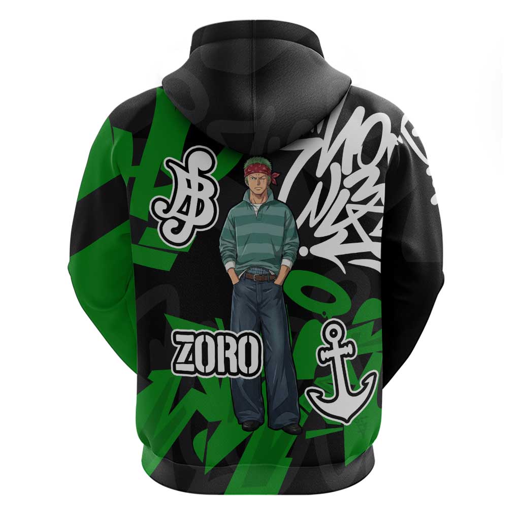 Roronoa Zoro One Piece Zip Hoodie Graffiti Street Art Anime Collage