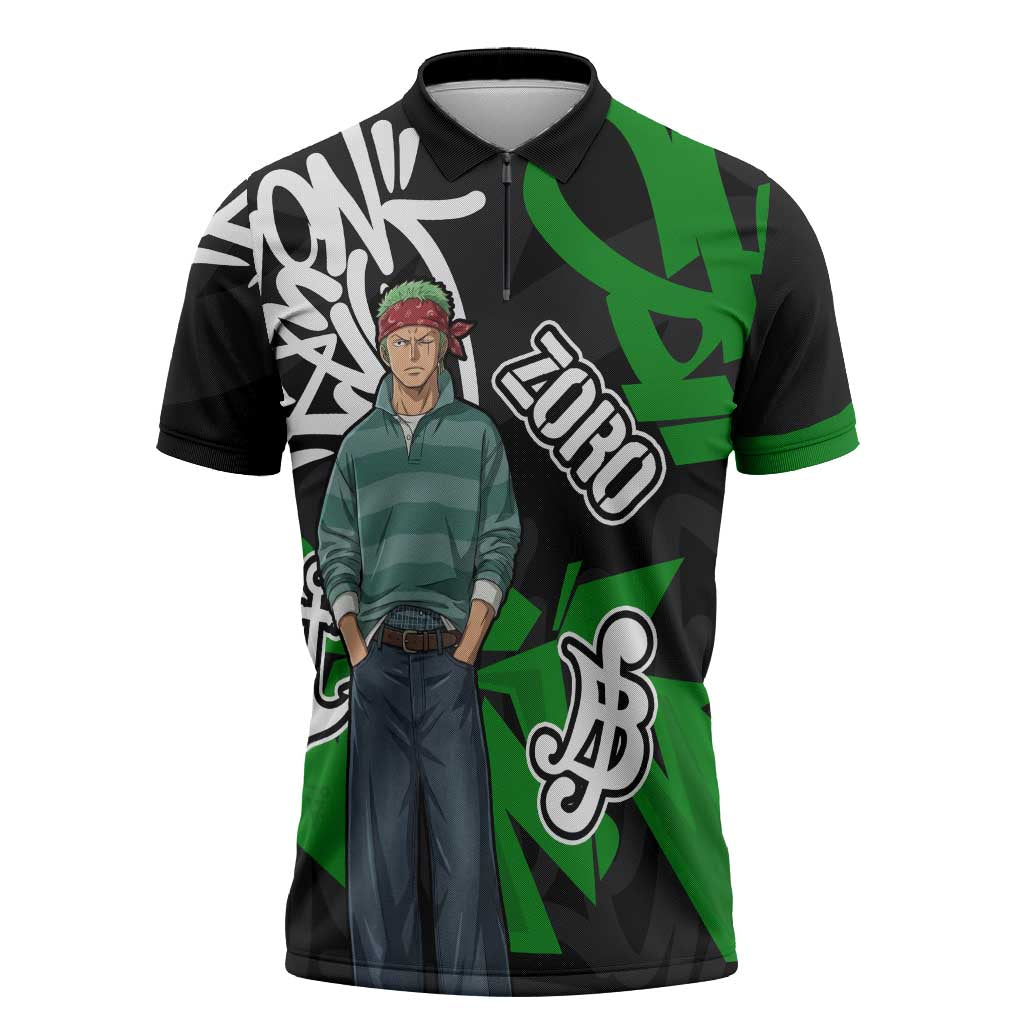 Roronoa Zoro One Piece Zipper Polo Shirt Graffiti Street Art Anime Collage