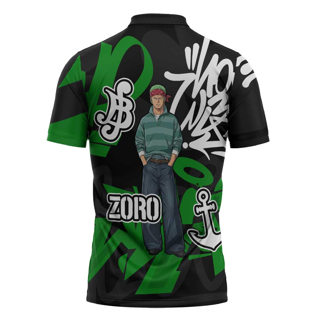 Roronoa Zoro One Piece Zipper Polo Shirt Graffiti Street Art Anime Collage