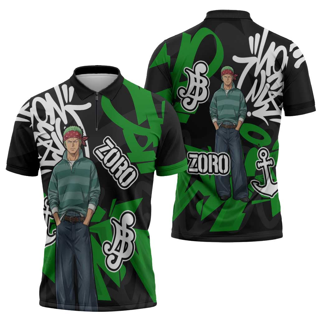 Roronoa Zoro One Piece Zipper Polo Shirt Graffiti Street Art Anime Collage