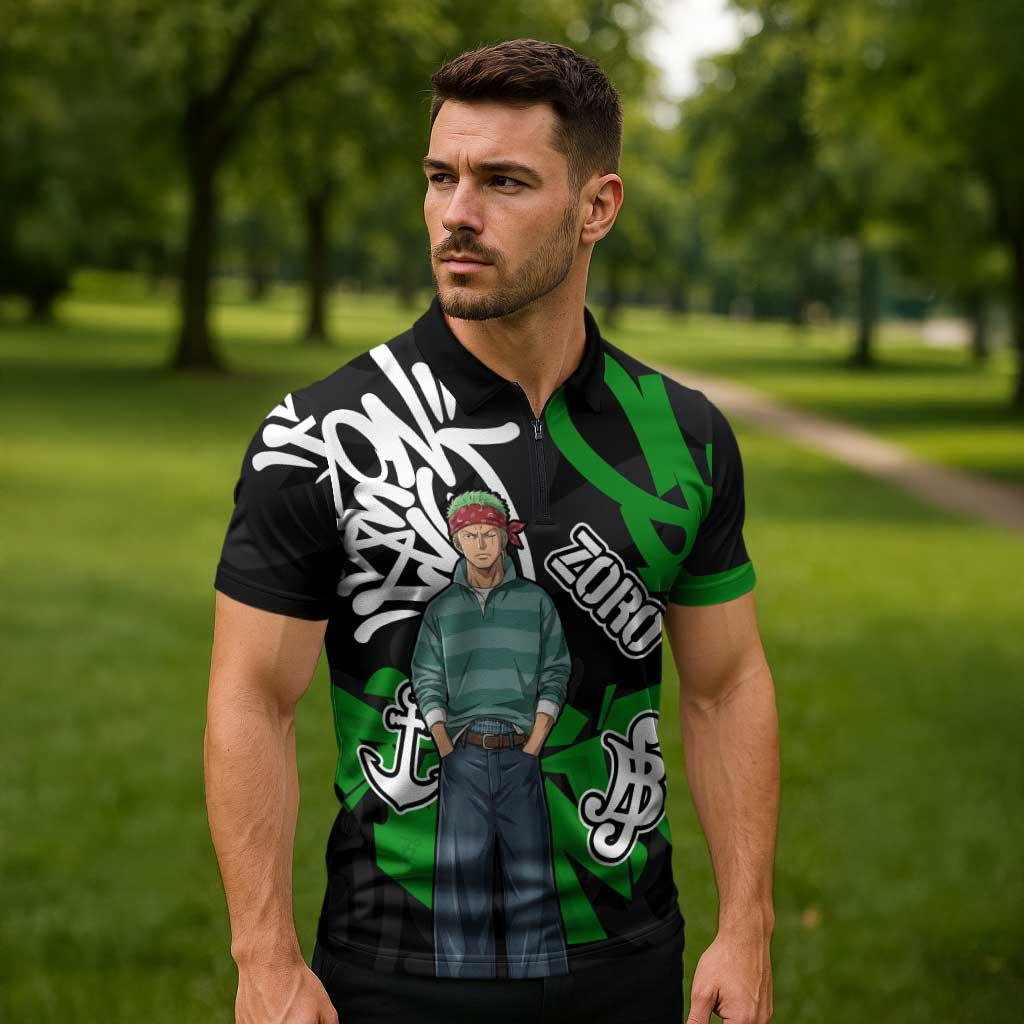 Roronoa Zoro One Piece Zipper Polo Shirt Graffiti Street Art Anime Collage