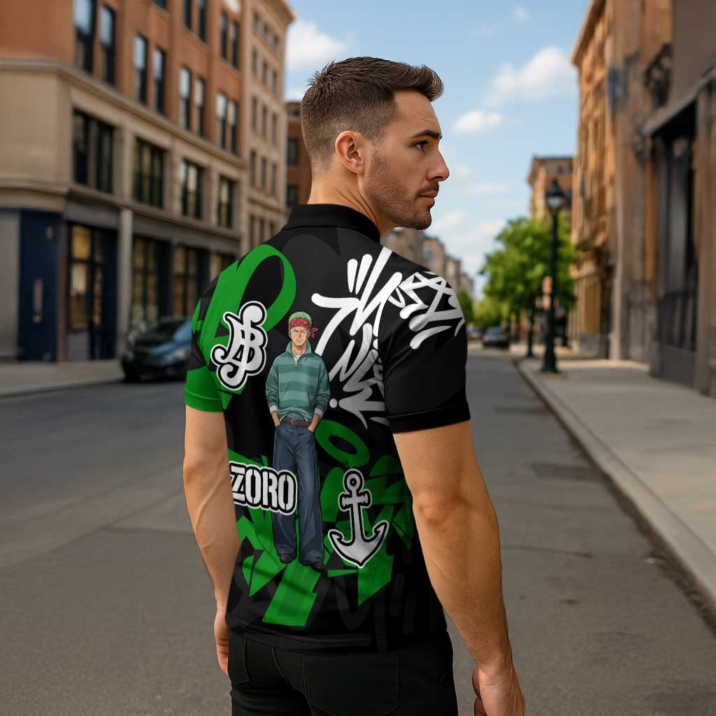 Roronoa Zoro One Piece Zipper Polo Shirt Graffiti Street Art Anime Collage