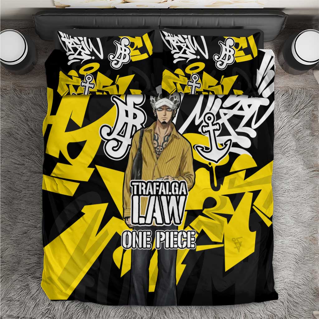 Trafalgar Law One Piece Bedding Set Graffiti Street Art Anime Collage