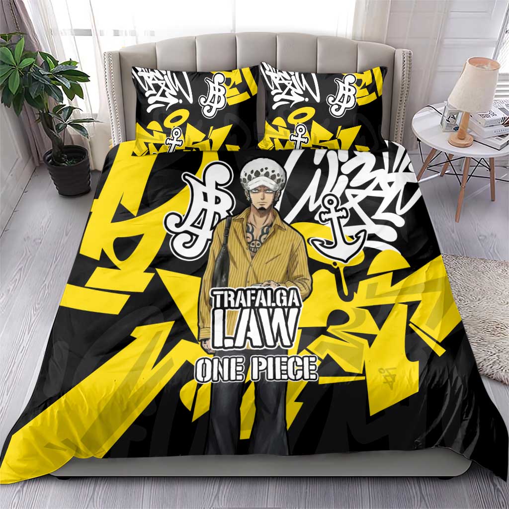 Trafalgar Law One Piece Bedding Set Graffiti Street Art Anime Collage