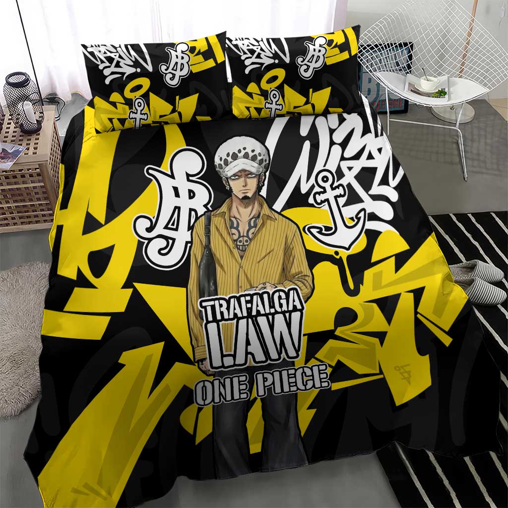 Trafalgar Law One Piece Bedding Set Graffiti Street Art Anime Collage