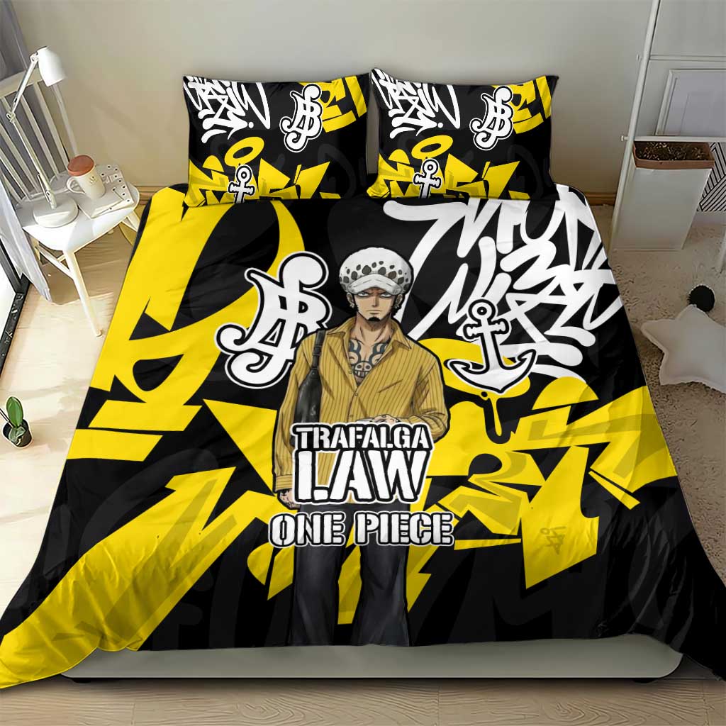 Trafalgar Law One Piece Bedding Set Graffiti Street Art Anime Collage