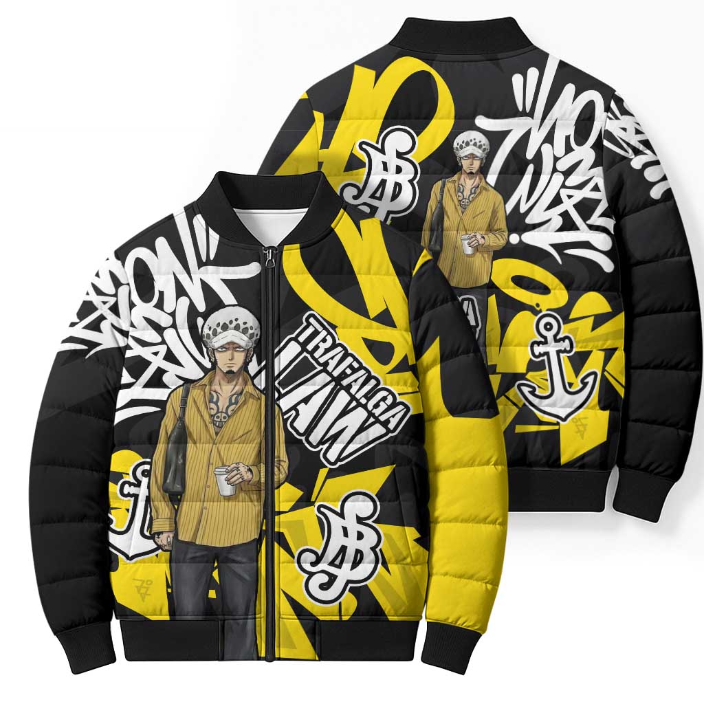 Trafalgar Law One Piece Bomber Puffer Jacket Graffiti Street Art Anime Collage