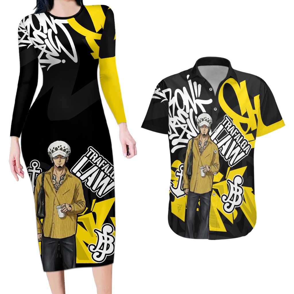 Trafalgar Law One Piece Couples Matching Long Sleeve Bodycon Dress and Hawaiian Shirt Graffiti Street Art Anime Collage