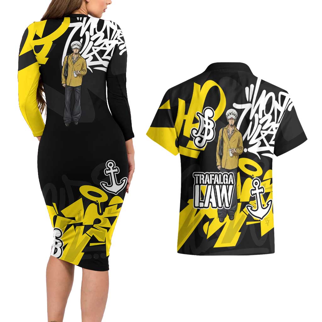 Trafalgar Law One Piece Couples Matching Long Sleeve Bodycon Dress and Hawaiian Shirt Graffiti Street Art Anime Collage
