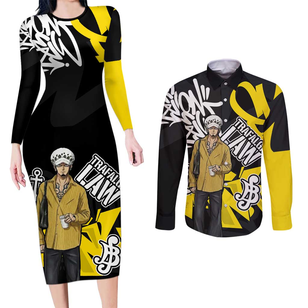 Trafalgar Law One Piece Couples Matching Long Sleeve Bodycon Dress and Long Sleeve Button Shirt Graffiti Street Art Anime Collage