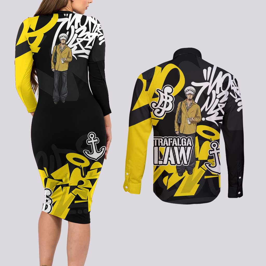 Trafalgar Law One Piece Couples Matching Long Sleeve Bodycon Dress and Long Sleeve Button Shirt Graffiti Street Art Anime Collage