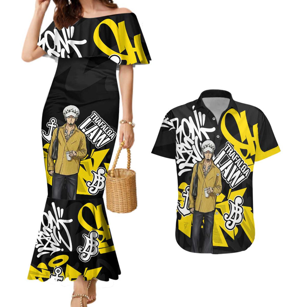 Trafalgar Law One Piece Couples Matching Mermaid Dress and Hawaiian Shirt Graffiti Street Art Anime Collage