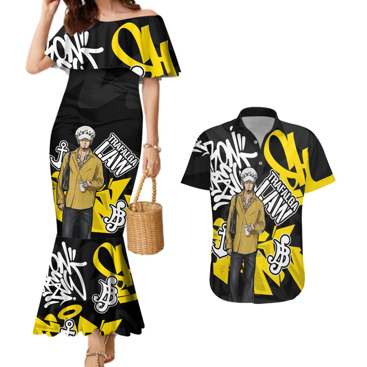 Trafalgar Law One Piece Couples Matching Mermaid Dress and Hawaiian Shirt Graffiti Street Art Anime Collage