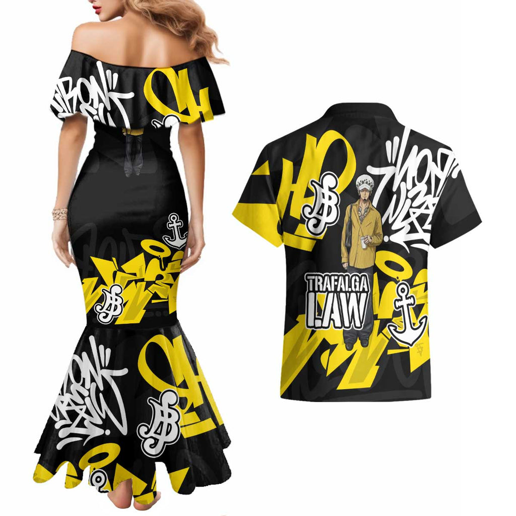 Trafalgar Law One Piece Couples Matching Mermaid Dress and Hawaiian Shirt Graffiti Street Art Anime Collage