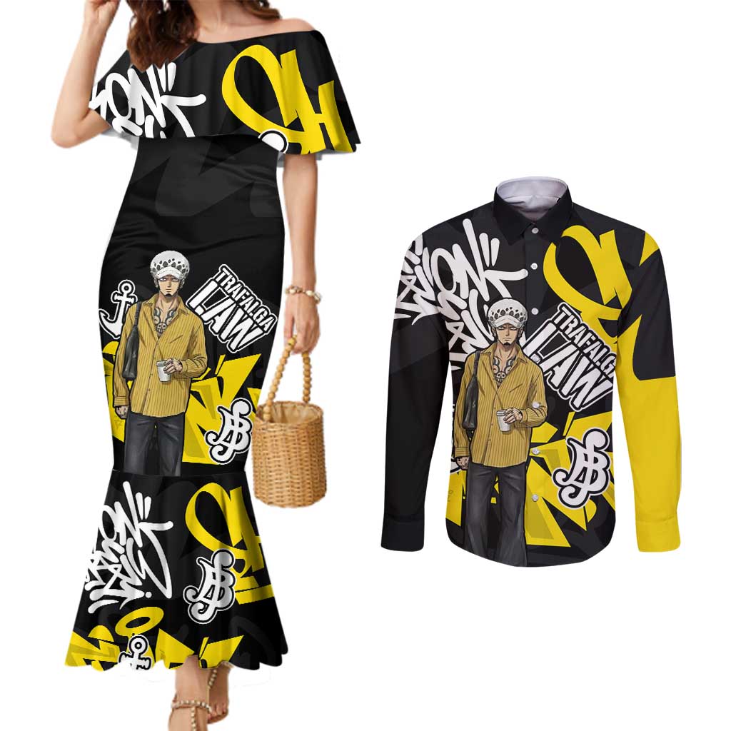 Trafalgar Law One Piece Couples Matching Mermaid Dress and Long Sleeve Button Shirt Graffiti Street Art Anime Collage