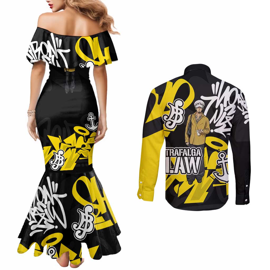Trafalgar Law One Piece Couples Matching Mermaid Dress and Long Sleeve Button Shirt Graffiti Street Art Anime Collage
