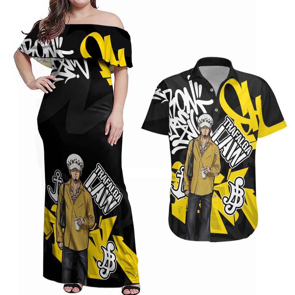Trafalgar Law One Piece Couples Matching Off Shoulder Maxi Dress and Hawaiian Shirt Graffiti Street Art Anime Collage