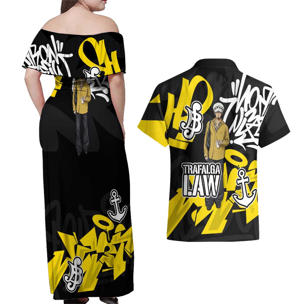 Trafalgar Law One Piece Couples Matching Off Shoulder Maxi Dress and Hawaiian Shirt Graffiti Street Art Anime Collage