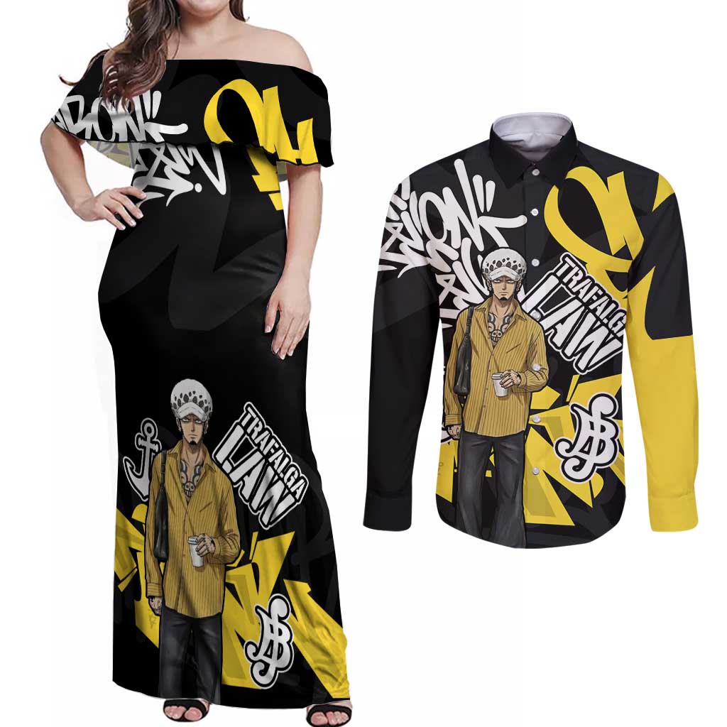 Trafalgar Law One Piece Couples Matching Off Shoulder Maxi Dress and Long Sleeve Button Shirt Graffiti Street Art Anime Collage