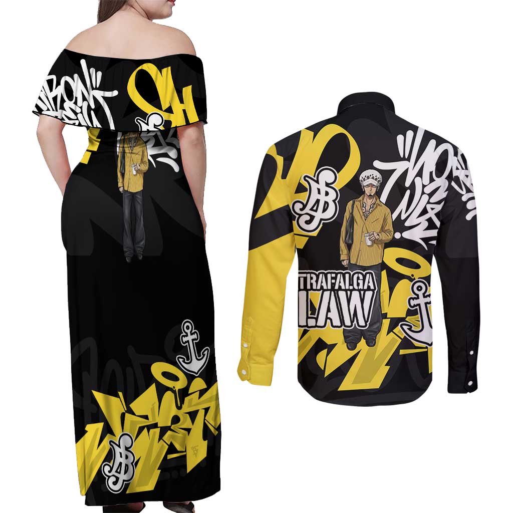 Trafalgar Law One Piece Couples Matching Off Shoulder Maxi Dress and Long Sleeve Button Shirt Graffiti Street Art Anime Collage
