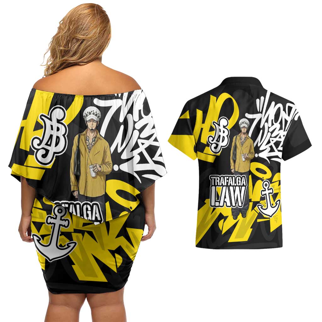 Trafalgar Law One Piece Couples Matching Off Shoulder Short Dress and Hawaiian Shirt Graffiti Street Art Anime Collage