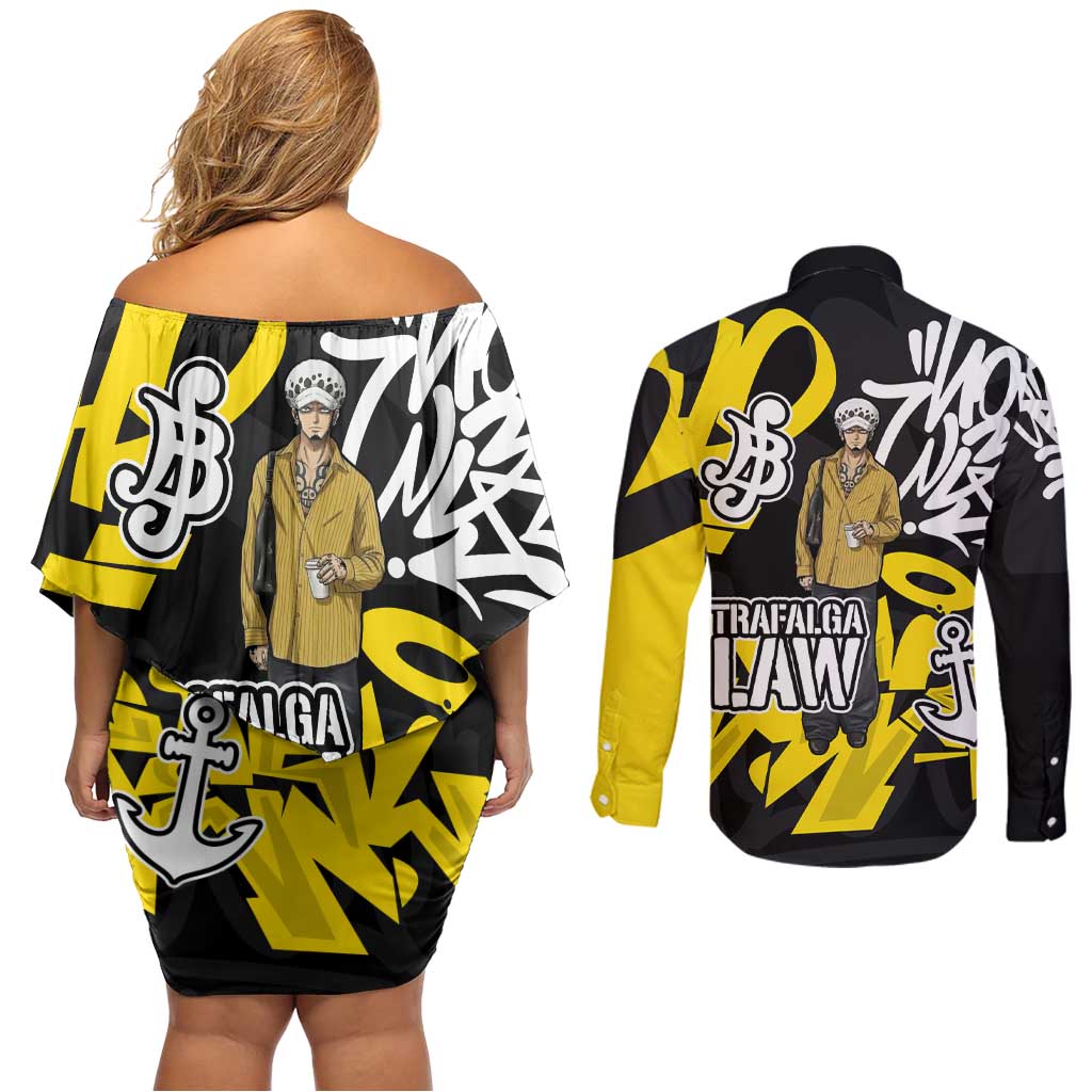 Trafalgar Law One Piece Couples Matching Off Shoulder Short Dress and Long Sleeve Button Shirt Graffiti Street Art Anime Collage
