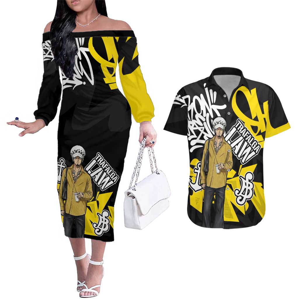 Trafalgar Law One Piece Couples Matching Off The Shoulder Long Sleeve Dress and Hawaiian Shirt Graffiti Street Art Anime Collage