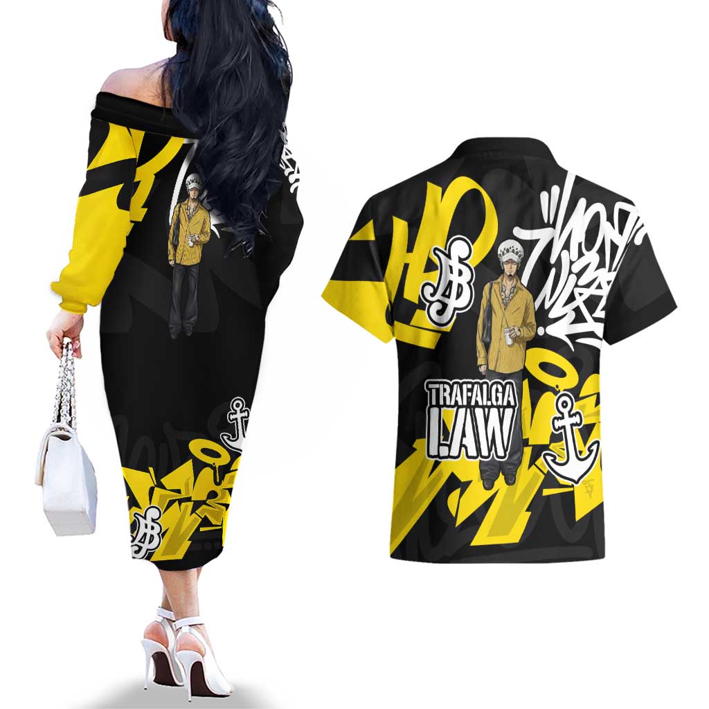 Trafalgar Law One Piece Couples Matching Off The Shoulder Long Sleeve Dress and Hawaiian Shirt Graffiti Street Art Anime Collage