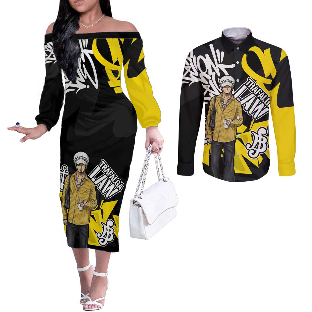 Trafalgar Law One Piece Couples Matching Off The Shoulder Long Sleeve Dress and Long Sleeve Button Shirt Graffiti Street Art Anime Collage