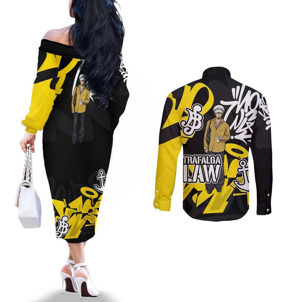 Trafalgar Law One Piece Couples Matching Off The Shoulder Long Sleeve Dress and Long Sleeve Button Shirt Graffiti Street Art Anime Collage