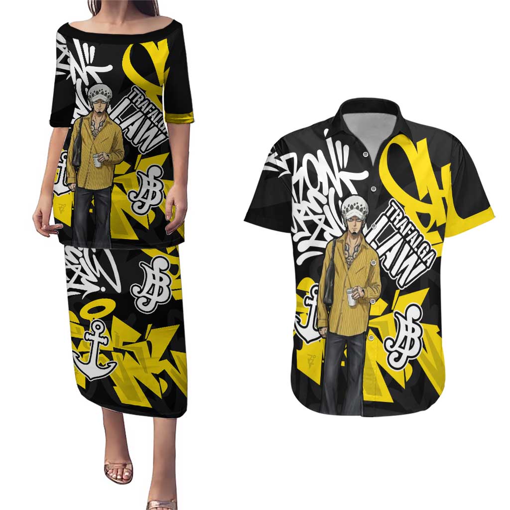 Trafalgar Law One Piece Couples Matching Puletasi and Hawaiian Shirt Graffiti Street Art Anime Collage