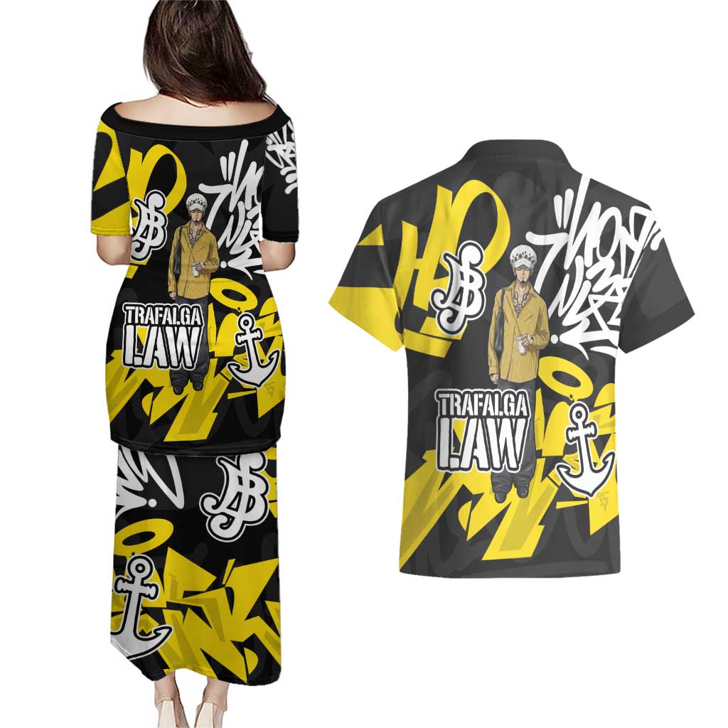 Trafalgar Law One Piece Couples Matching Puletasi and Hawaiian Shirt Graffiti Street Art Anime Collage