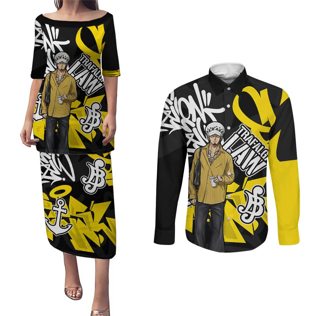 Trafalgar Law One Piece Couples Matching Puletasi and Long Sleeve Button Shirt Graffiti Street Art Anime Collage