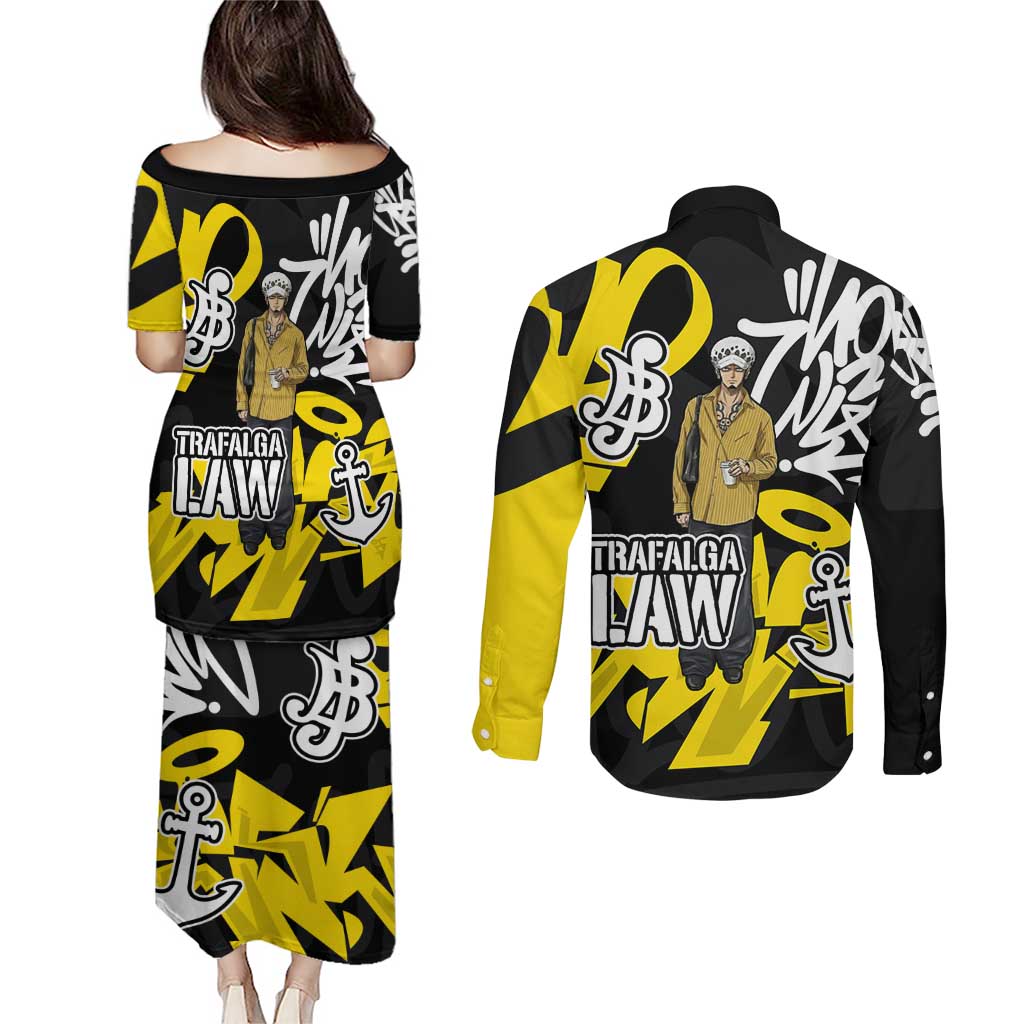 Trafalgar Law One Piece Couples Matching Puletasi and Long Sleeve Button Shirt Graffiti Street Art Anime Collage